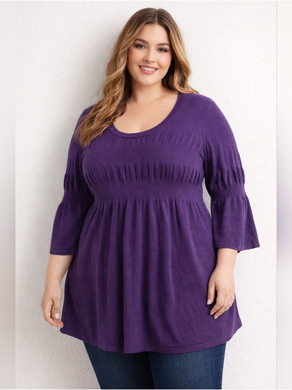 AE City Purple Knit Tunic Top Size X (12)Stretch Viscose Bell Sleeve Scoop Neck